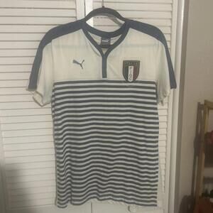 Puma Shirt Mens Large White Striped Short Sleeve Italia FIGC Soccer Henley Italy